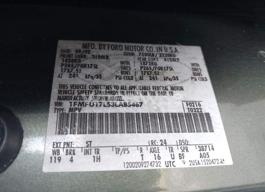 Photo 9 of 2003 Ford Expedition EDDIE BAUER (VIN 1FMFU17L53LA85467)