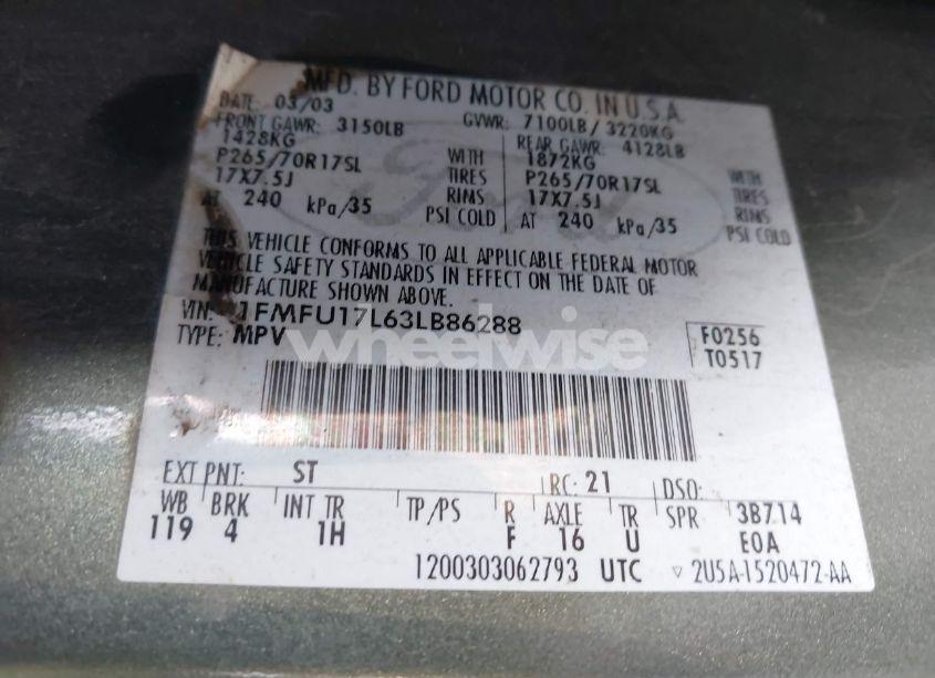 Photo 9 of 2003 Ford Expedition EDDIE BAUER (VIN 1FMFU17L63LB86288)