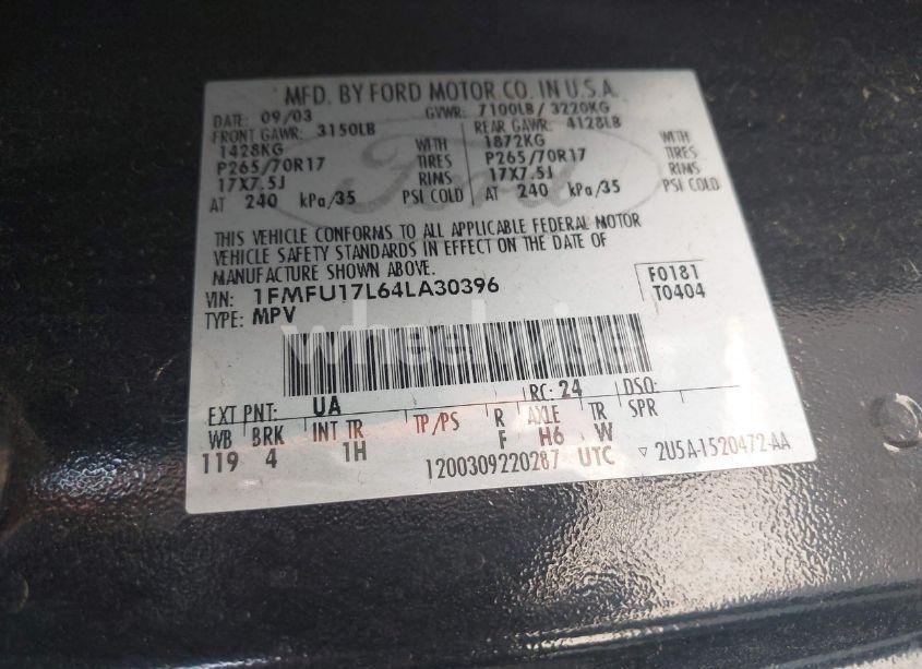 Photo 9 of 2004 Ford Expedition EDDIE BAUER (VIN 1FMFU17L64LA30396)