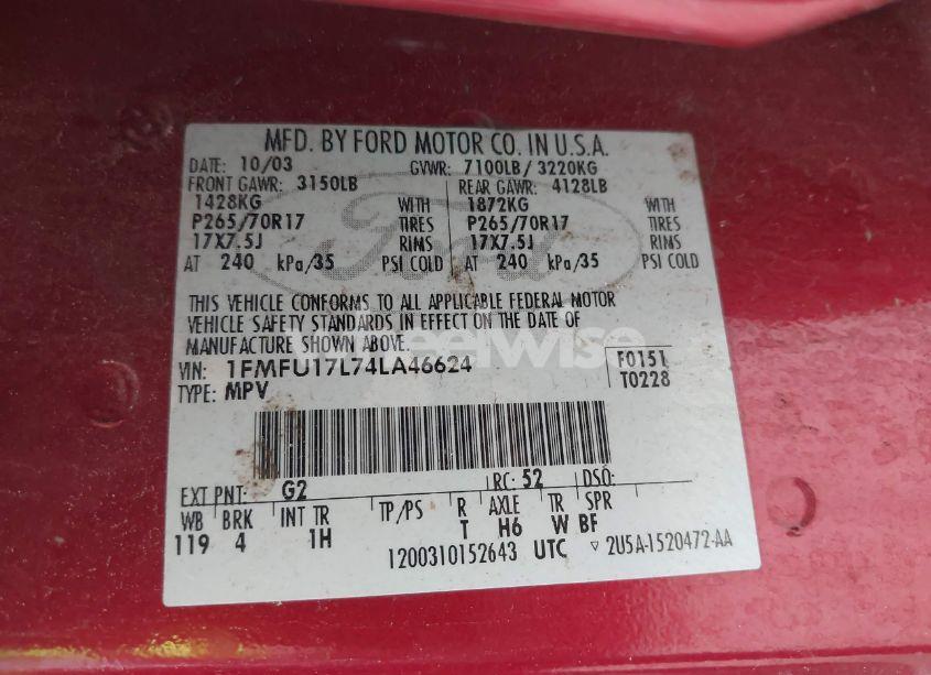 Photo 9 of 2004 Ford Expedition EDDIE BAUER (VIN 1FMFU17L74LA46624)