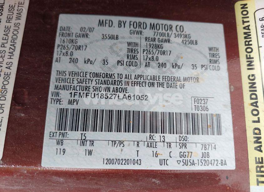 Photo 9 of 2007 Ford Expedition EDDIE BAUER (VIN 1FMFU18527LA61052)