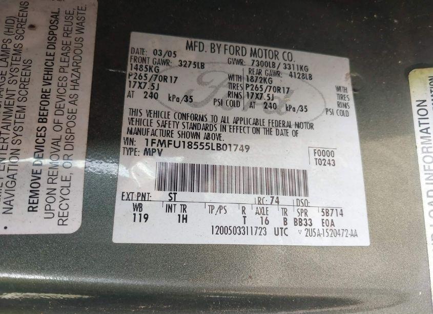 Photo 9 of 2005 Ford Expedition EDDIE BAUER/KING RANCH (VIN 1FMFU18555LB01749)