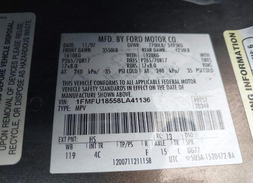 Photo 9 of 2008 Ford Expedition EDDIE BAUER (VIN 1FMFU18558LA41136)