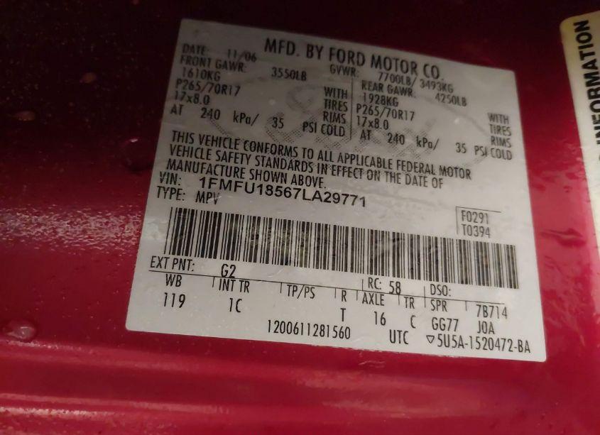 Photo 9 of 2007 Ford Expedition EDDIE BAUER (VIN 1FMFU18567LA29771)