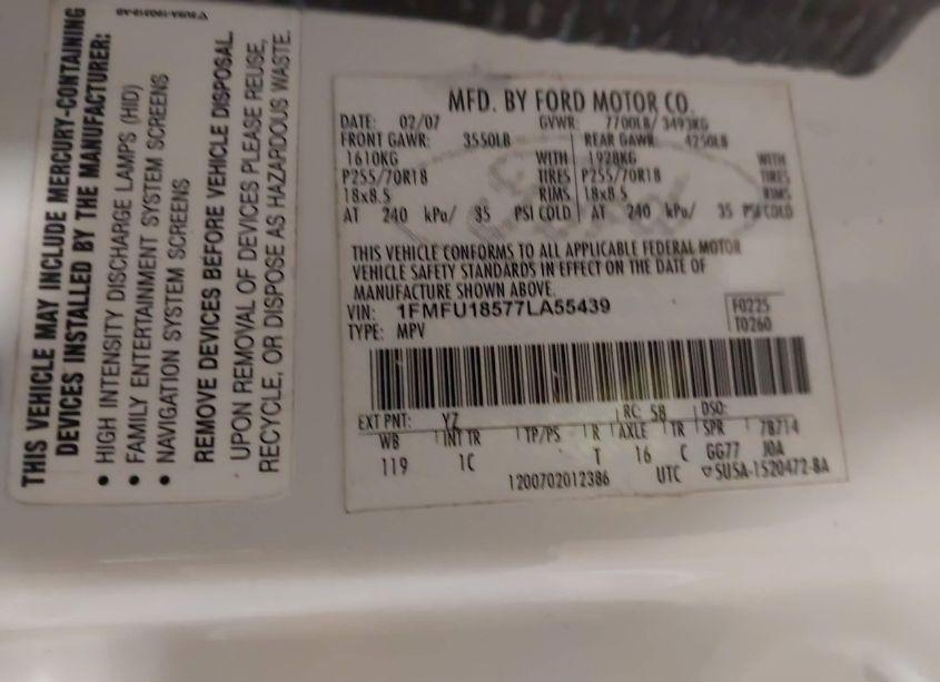 Photo 9 of 2007 Ford Expedition EDDIE BAUER (VIN 1FMFU18577LA55439)