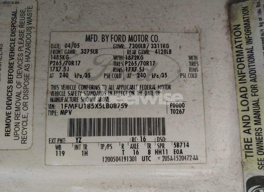 Photo 9 of 2005 Ford Expedition EDDIE BAUER/KING RANCH (VIN 1FMFU185X5LB08759)