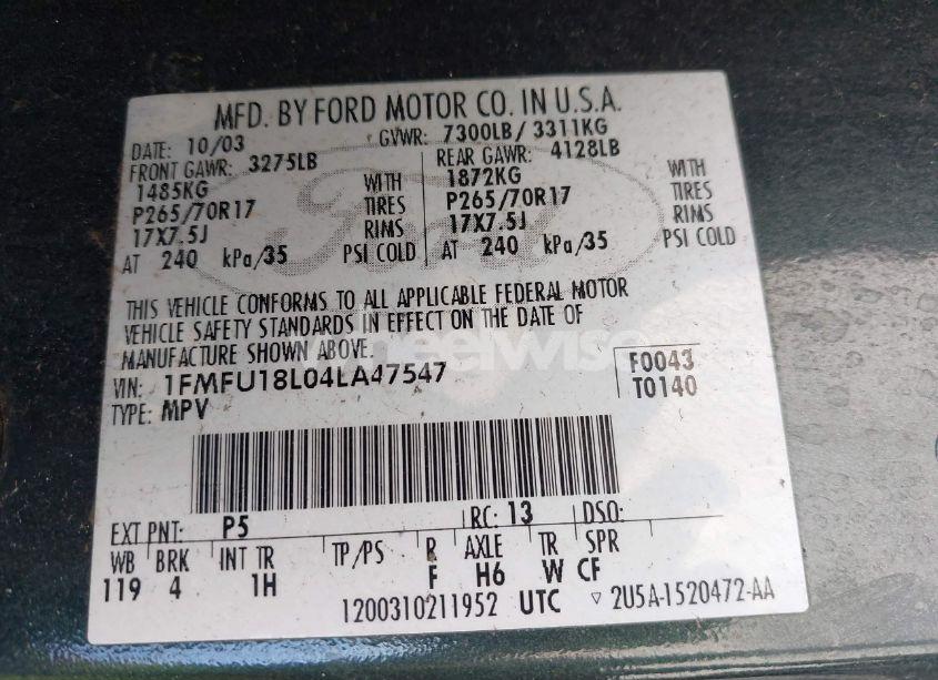 Photo 9 of 2004 Ford Expedition EDDIE BAUER (VIN 1FMFU18L04LA47547)