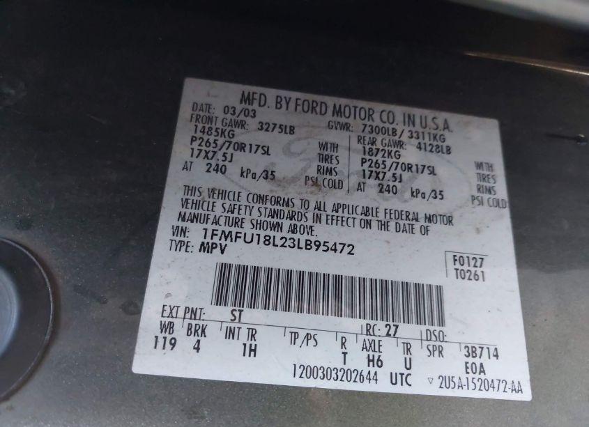 Photo 9 of 2003 Ford Expedition EDDIE BAUER (VIN 1FMFU18L23LB95472)