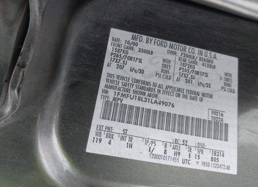 Photo 9 of 2001 Ford Expedition EDDIE BAUER (VIN 1FMFU18L31LA49076)