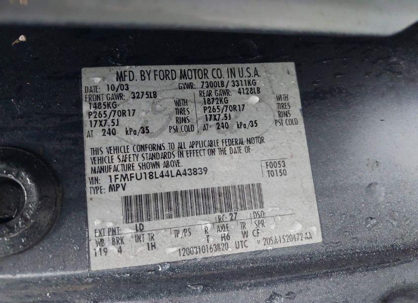 Photo 9 of 2004 Ford Expedition EDDIE BAUER (VIN 1FMFU18L44LA43839)