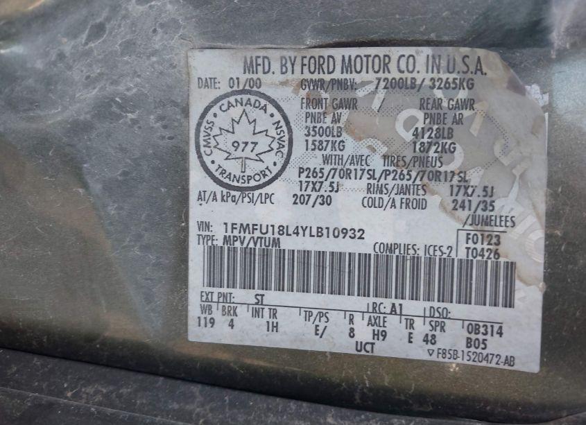 Photo 9 of 2000 Ford Expedition EDDIE BAUER (VIN 1FMFU18L4YLB10932)