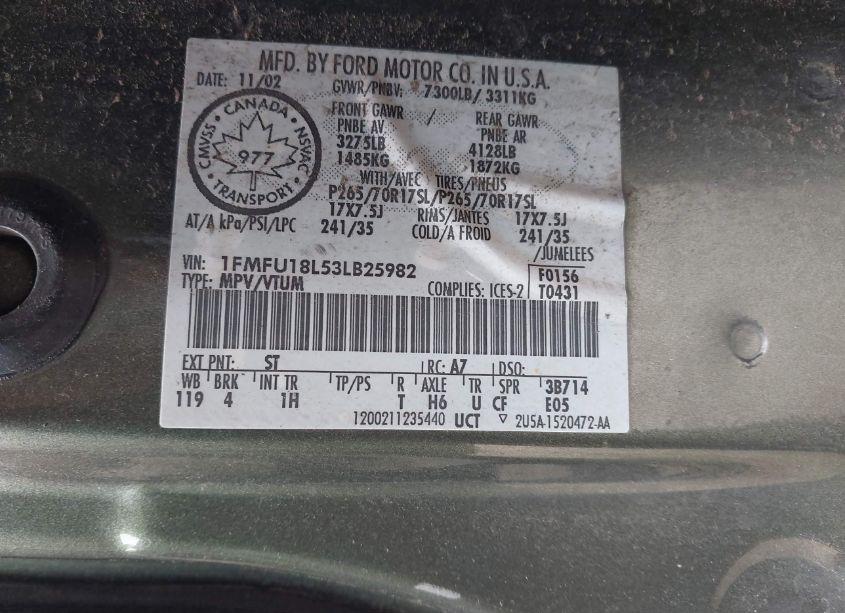 Photo 9 of 2003 Ford Expedition EDDIE BAUER (VIN 1FMFU18L53LB25982)