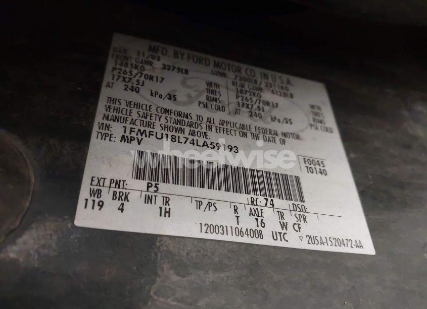 Photo 9 of 2004 Ford Expedition EDDIE BAUER (VIN 1FMFU18L74LA59193)