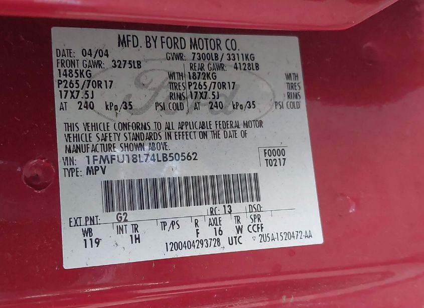 Photo 9 of 2004 Ford Expedition EDDIE BAUER (VIN 1FMFU18L74LB50562)