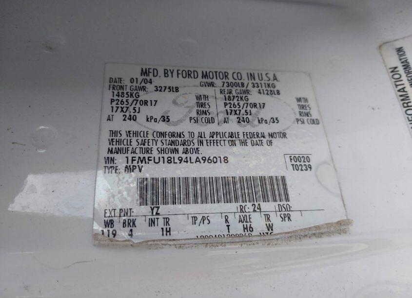 Photo 9 of 2004 Ford Expedition EDDIE BAUER (VIN 1FMFU18L94LA96018)