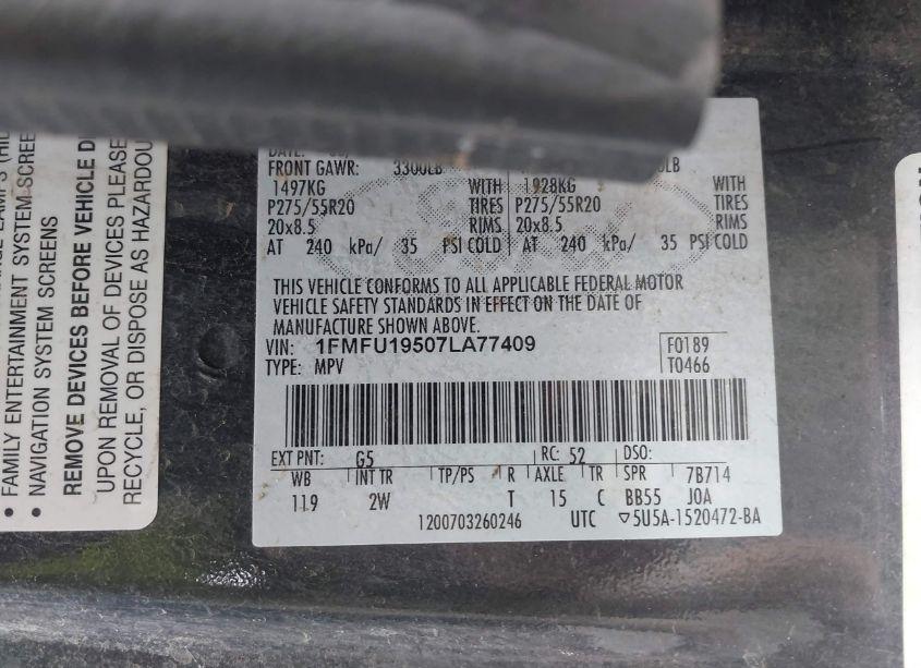 Photo 9 of 2007 Ford Expedition LIMITED (VIN 1FMFU19507LA77409)