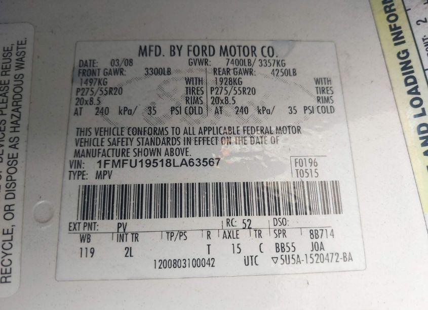 Photo 9 of 2008 Ford Expedition LIMITED (VIN 1FMFU19518LA63567)