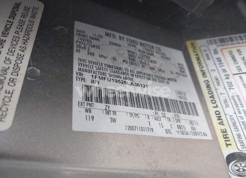 Photo 9 of 2008 Ford Expedition LIMITED (VIN 1FMFU19528LA36121)