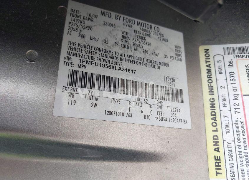 Photo 9 of 2008 Ford Expedition LIMITED (VIN 1FMFU19568LA31617)