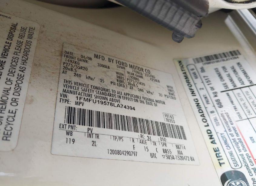 Photo 9 of 2008 Ford Expedition LIMITED (VIN 1FMFU19578LA74394)