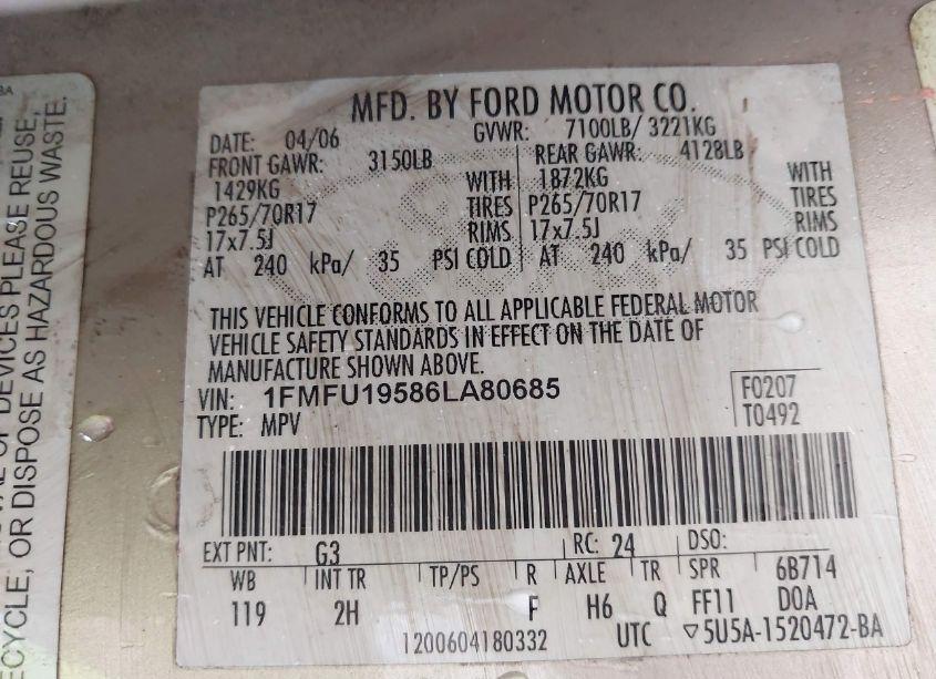 Photo 9 of 2006 Ford Expedition LIMITED (VIN 1FMFU19586LA80685)