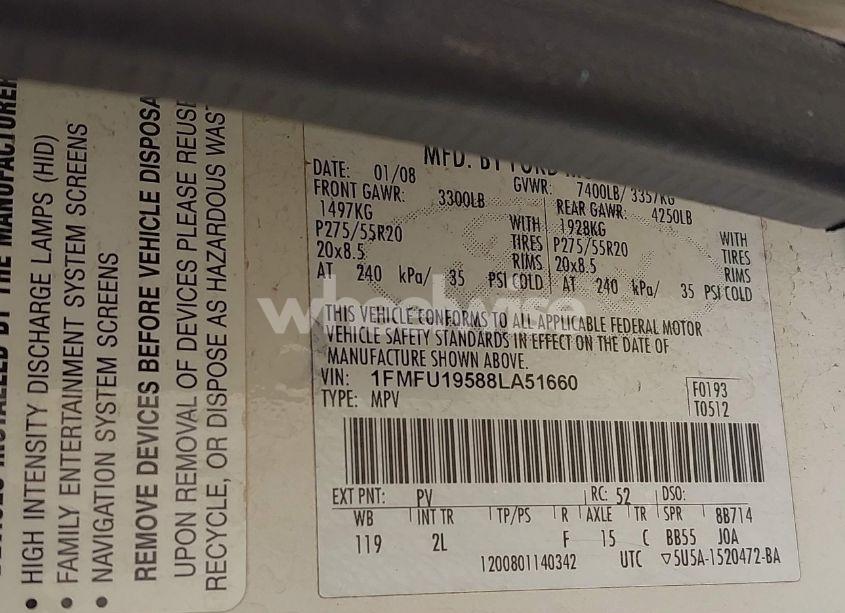 Photo 9 of 2008 Ford Expedition LIMITED (VIN 1FMFU19588LA51660)