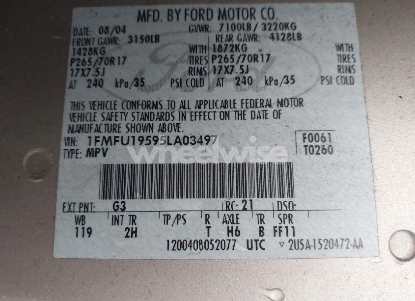 Photo 9 of 2005 Ford Expedition LIMITED (VIN 1FMFU19595LA03497)