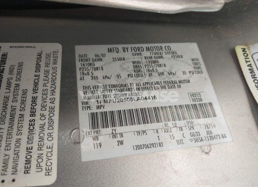 Photo 9 of 2008 Ford Expedition LIMITED (VIN 1FMFU20508LA04416)