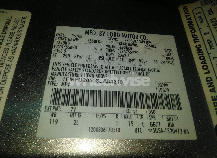 Photo 9 of 2008 Ford Expedition LIMITED (VIN 1FMFU20508LA84316)