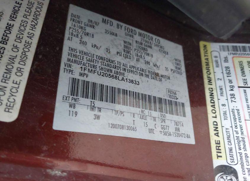 Photo 9 of 2008 Ford Expedition LIMITED (VIN 1FMFU20568LA13833)