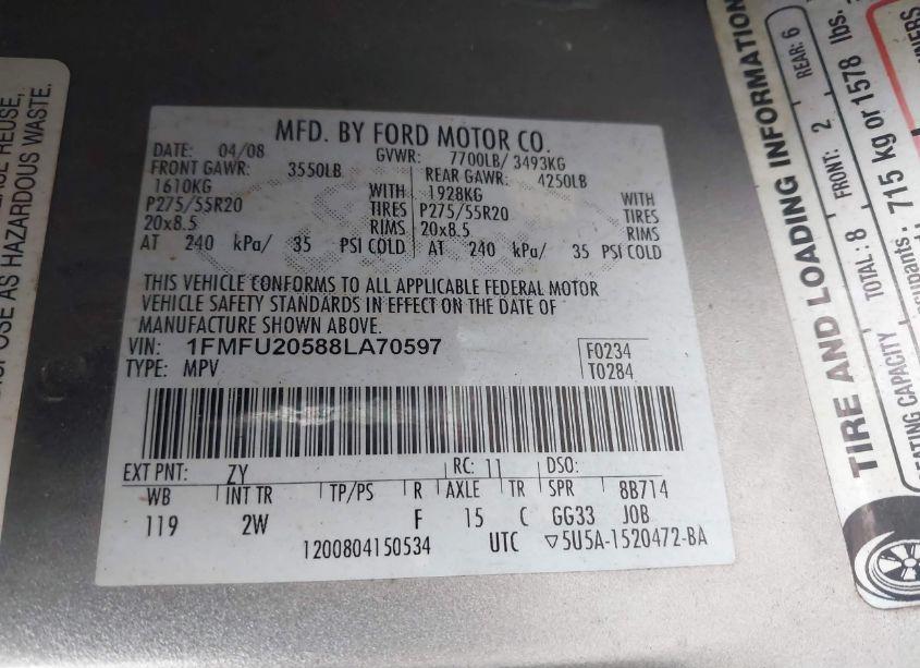 Photo 9 of 2008 Ford Expedition LIMITED (VIN 1FMFU20588LA70597)