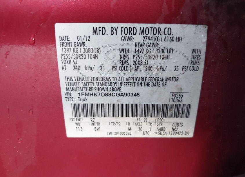 Photo 9 of 2012 Ford Explorer XLT (VIN 1FMHK7D88CGA90348)