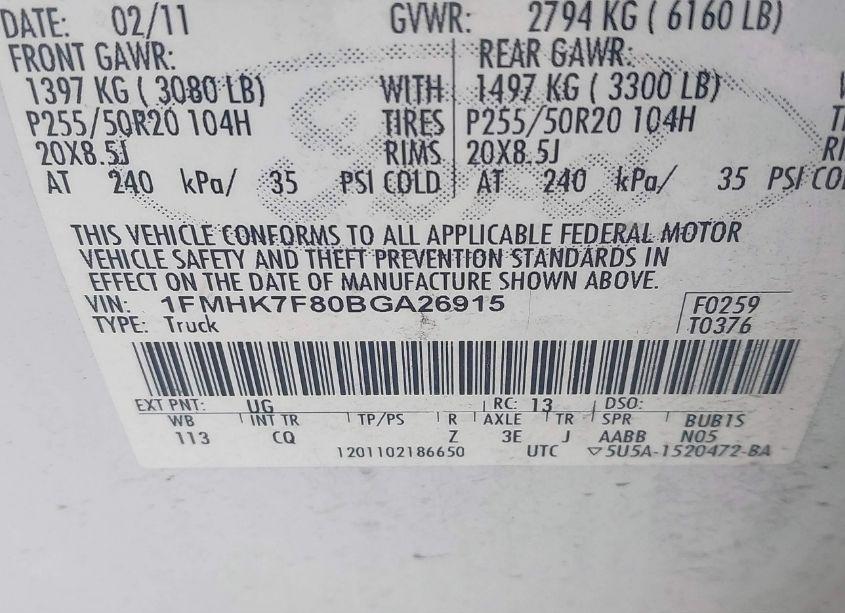 Photo 9 of 2011 Ford Explorer LIMITED (VIN 1FMHK7F80BGA26915)