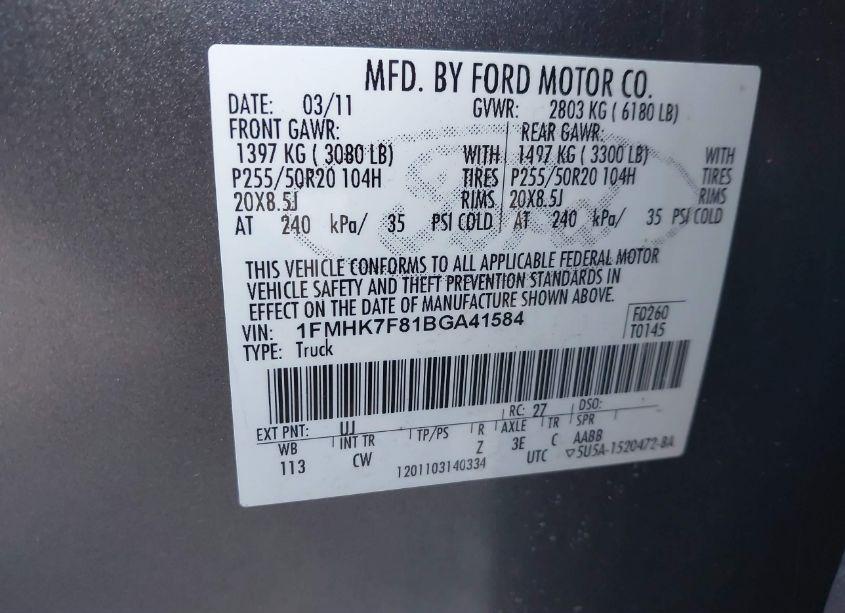 Photo 9 of 2011 Ford Explorer LIMITED (VIN 1FMHK7F81BGA41584)