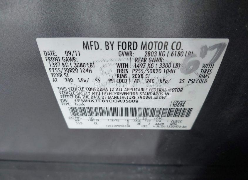 Photo 9 of 2012 Ford Explorer LIMITED (VIN 1FMHK7F81CGA35009)