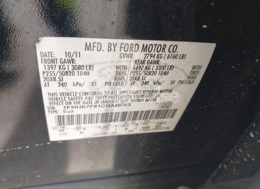 Photo 9 of 2012 Ford Explorer LIMITED (VIN 1FMHK7F81CGA48763)