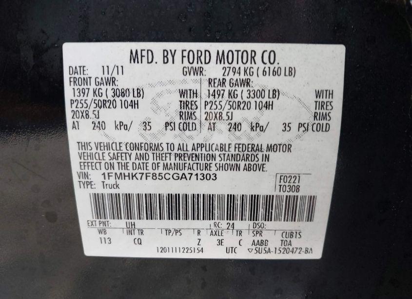 Photo 9 of 2012 Ford Explorer LIMITED (VIN 1FMHK7F85CGA71303)