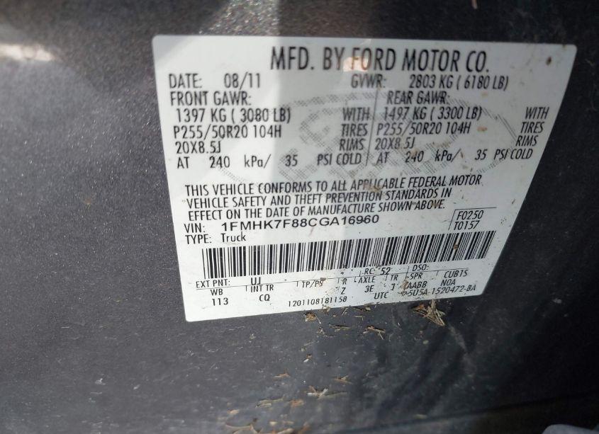 Photo 9 of 2012 Ford Explorer LIMITED (VIN 1FMHK7F88CGA16960)