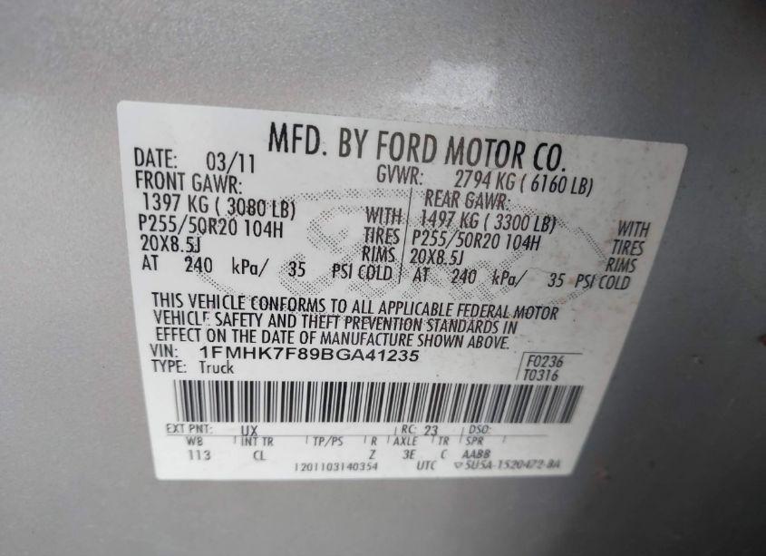 Photo 9 of 2011 Ford Explorer LIMITED (VIN 1FMHK7F89BGA41235)