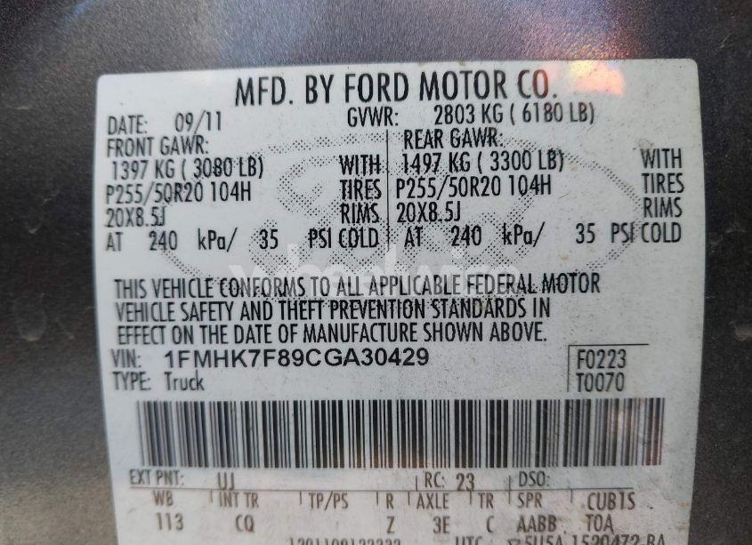 Photo 9 of 2012 Ford Explorer LIMITED (VIN 1FMHK7F89CGA30429)