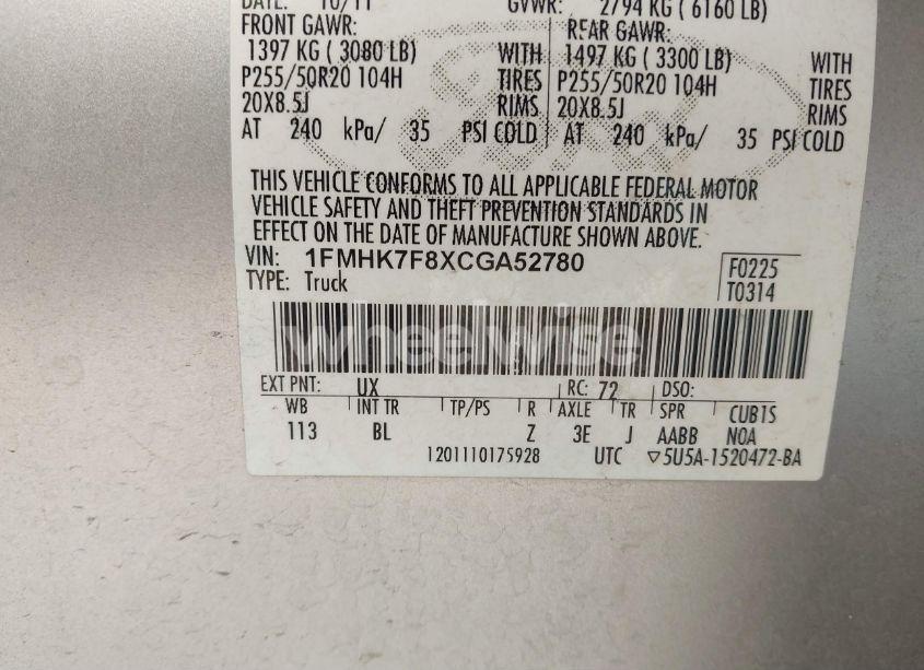 Photo 9 of 2012 Ford Explorer LIMITED (VIN 1FMHK7F8XCGA52780)