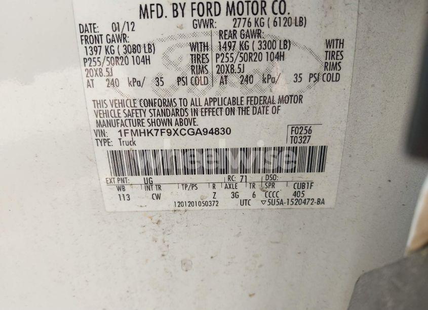 Photo 9 of 2012 Ford Explorer LIMITED (VIN 1FMHK7F9XCGA94830)