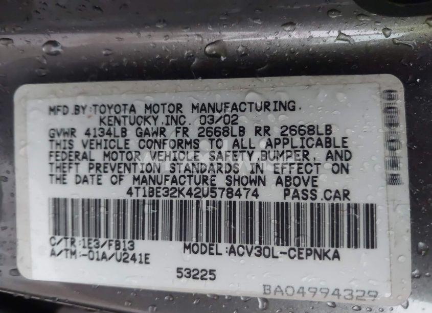 Photo 9 of 2002 Toyota Camry LE (VIN 1FMHK8B85CG******)