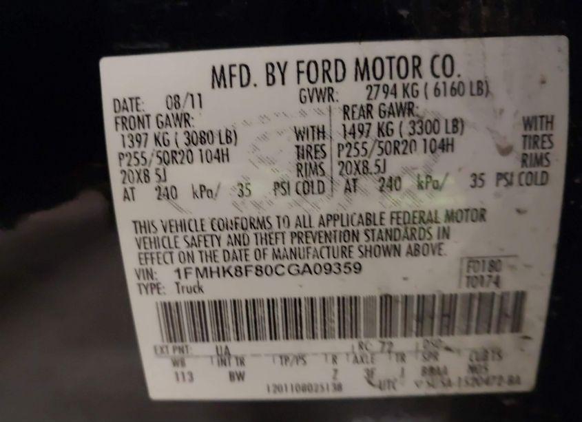 Photo 9 of 2012 Ford Explorer LIMITED (VIN 1FMHK8F80CGA09359)
