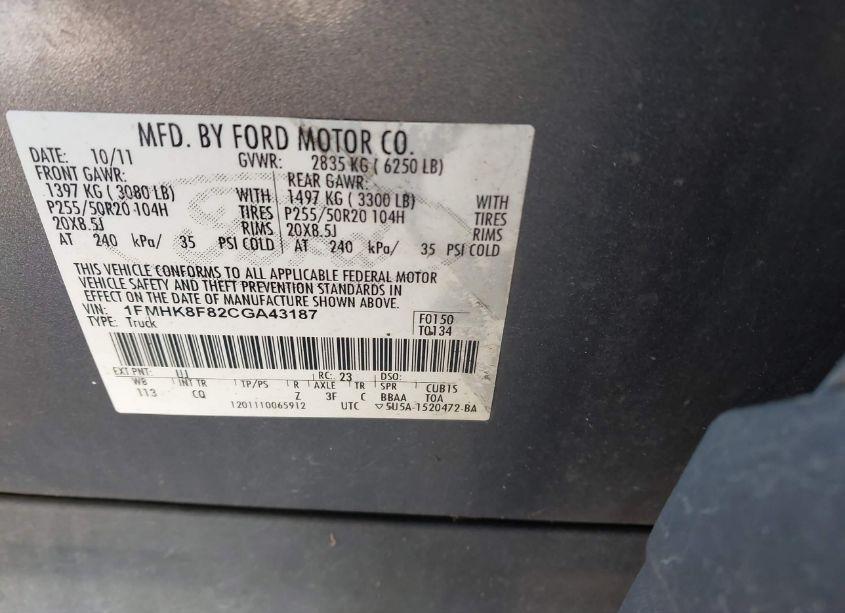 Photo 9 of 2012 Ford Explorer LIMITED (VIN 1FMHK8F82CGA43187)