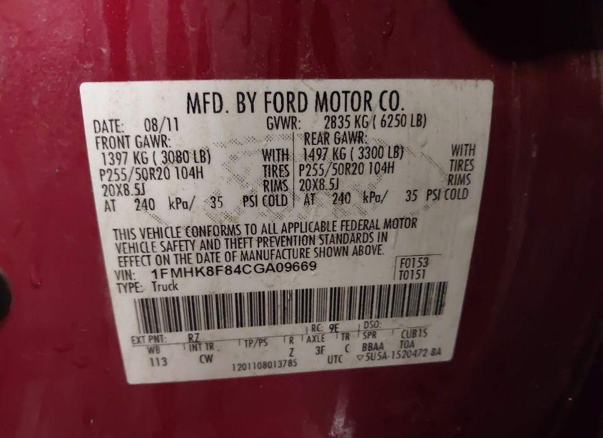 Photo 9 of 2012 Ford Explorer LIMITED (VIN 1FMHK8F84CGA09669)