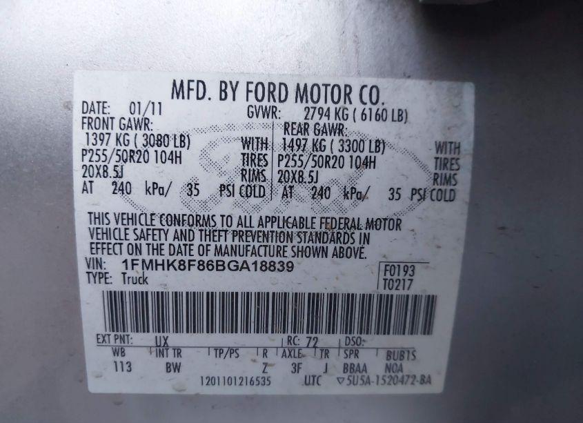 Photo 9 of 2011 Ford Explorer LIMITED (VIN 1FMHK8F86BGA18839)