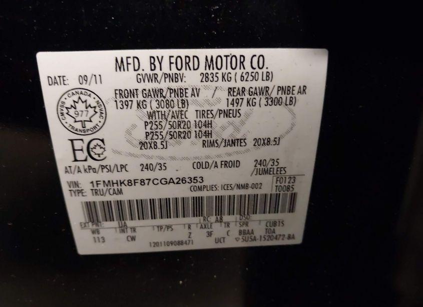 Photo 9 of 2012 Ford Explorer LIMITED (VIN 1FMHK8F87CGA26353)