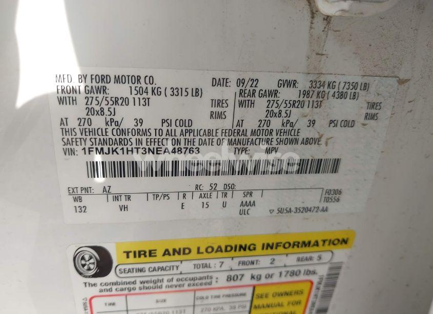 Photo 9 of 2022 Ford Expedition XLT MAX (VIN 1FMJK1HT3NEA48763)