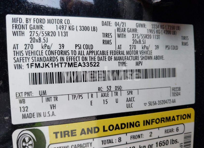 Photo 9 of 2021 Ford Expedition XLT MAX (VIN 1FMJK1HT7MEA33522)